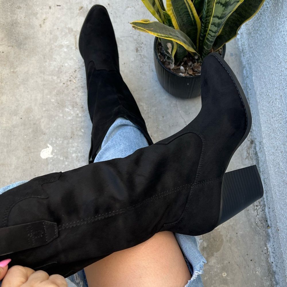 Black Cowboy Western Faux Suede Boot - Picture 4 of 8